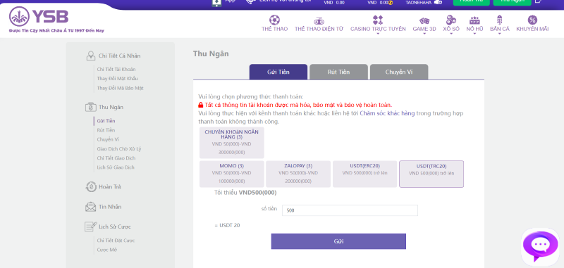các bước nạp rút tiền YSB66